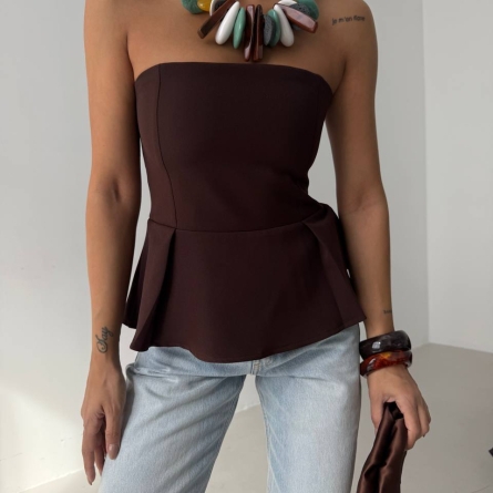 Brown Peplum Bustier Top