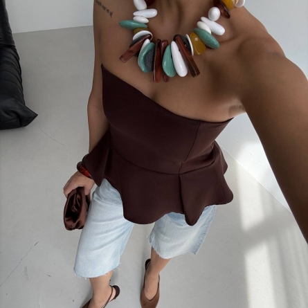 Brown Peplum Bustier Top
