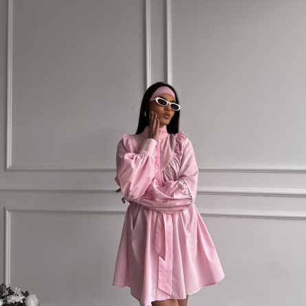 Rochie-cămașă mini roz cu detalii voluminoase