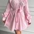 Rochie-cămașă mini roz cu detalii voluminoase