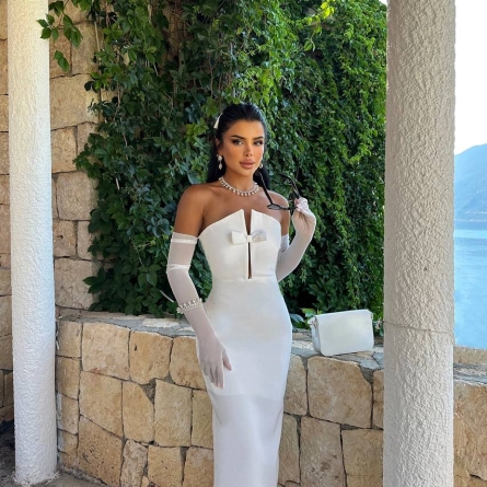 White Elegant Long Strapless Dress with Bow