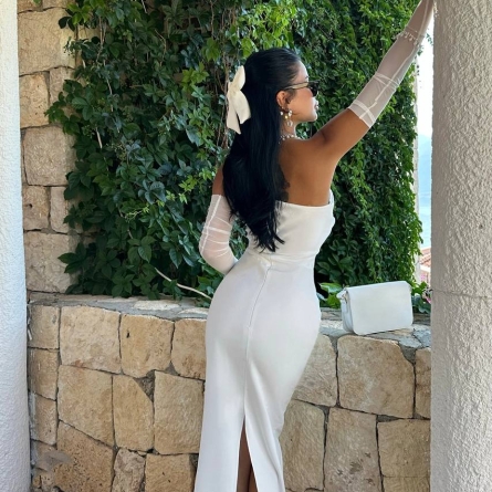 White Elegant Long Strapless Dress with Bow