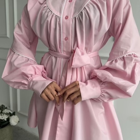 Rochie-cămașă mini roz cu detalii voluminoase