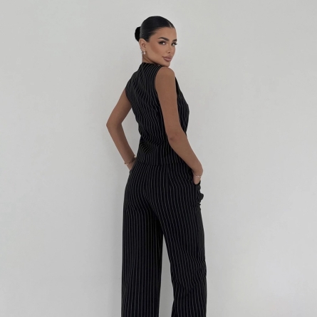 Черный Полосатый Брючный Костюм с асимметричным жилетом