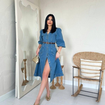 Rochie Midi din Denim cu M&acirc;neci Bufante