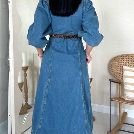 Rochie Midi din Denim cu M&acirc;neci Bufante