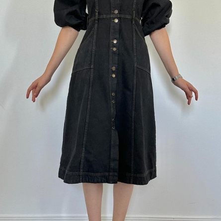 Black Denim Midi Dress with Puff Sleeves