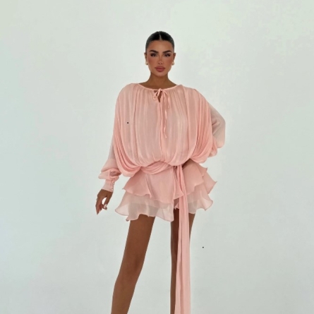 Rochie Roz-pudrat Mini Plisată cu Volane