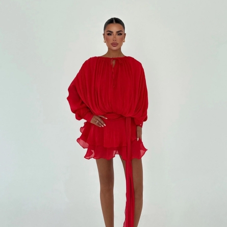 Rochie Roșie Mini Plisată cu Volane