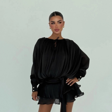 Rochie Neagră Mini Plisată cu Volane