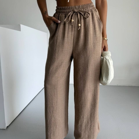 Широкие нюдовые льняные брюки