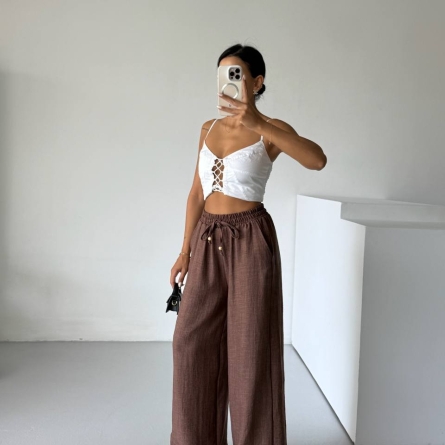 Wide-Leg Brown Linen Pants