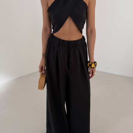 Черный сет из перекрёстного топа и льняных широких брюк