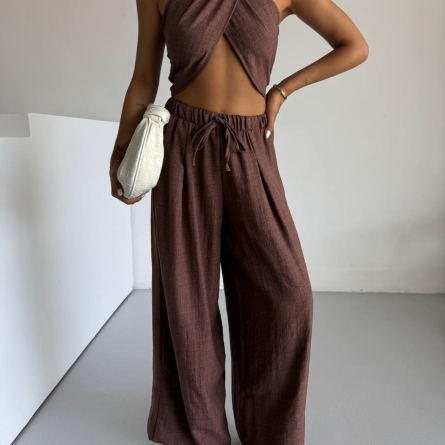 Коричневый сет из перекрёстного топа и льняных широких брюк