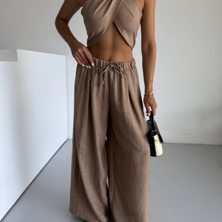 Nude Linen Set with Cross-Neck Top and Wide Pants