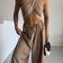 Nude Linen Set with Cross-Neck Top and Wide Pants