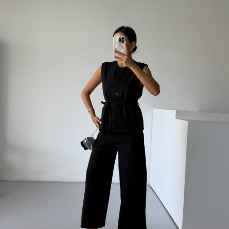 Black Vest and Wide-Leg Pants Set