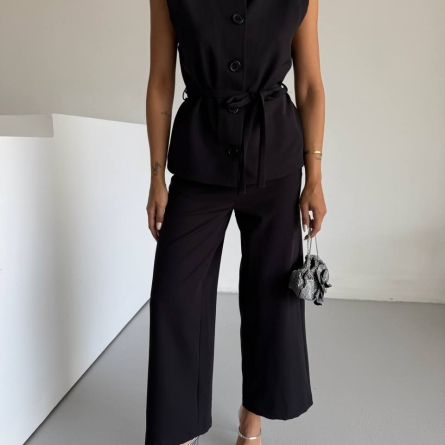 Black Vest and Wide-Leg Pants Set