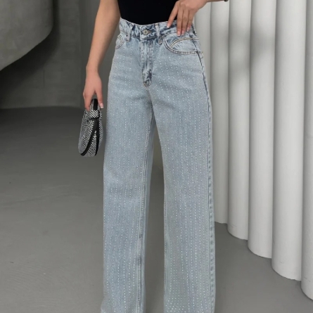 Blugi Palazzo cu Pietre Strălucitoare din Denim Deschis