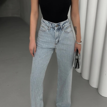 Blugi Palazzo cu Pietre Strălucitoare din Denim Deschis