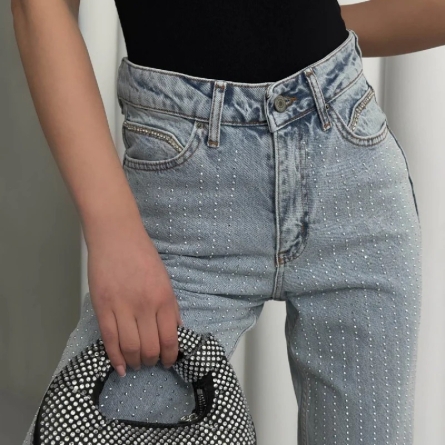 Blugi Palazzo cu Pietre Strălucitoare din Denim Deschis