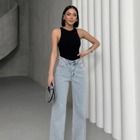 Blugi Palazzo cu Pietre Strălucitoare din Denim Deschis