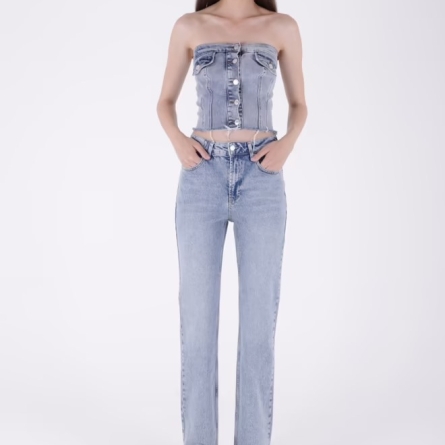 Blugi Blue Drepți cu Talie &Icirc;naltă